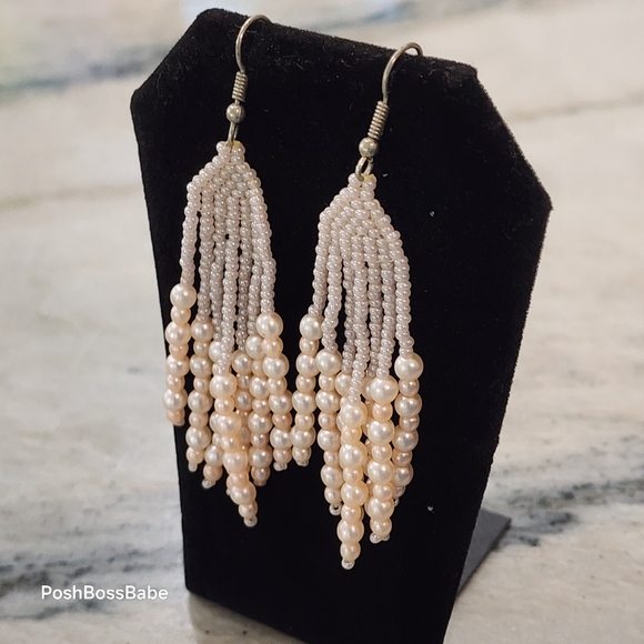 Vintage Pearl Beaded Fringe Earrings – 3” Drop Statement Pair - Picture 4 of 6